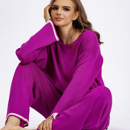 Conjunto de dos piezas de pantalón ancho de punto de manga larga con abertura en contraste para mujer, informal, para otoño e invierno