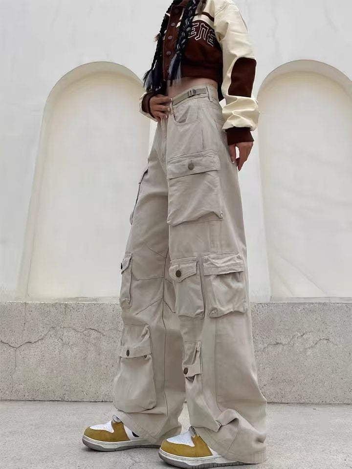 Tall Street Wide-Leg Overalls Women Straight Design Multi-Pocket Casual Pants