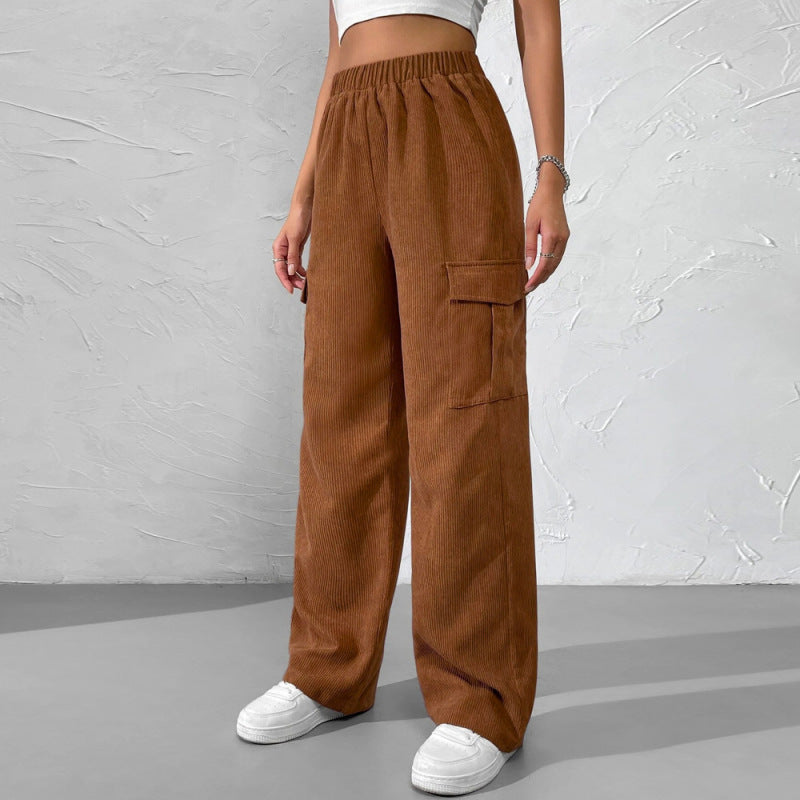 Women Solid Color High Waist Pocket Casual Loose Elastic Pants