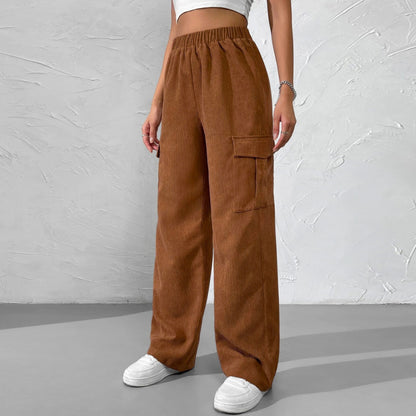 Women Solid Color High Waist Pocket Casual Loose Elastic Pants