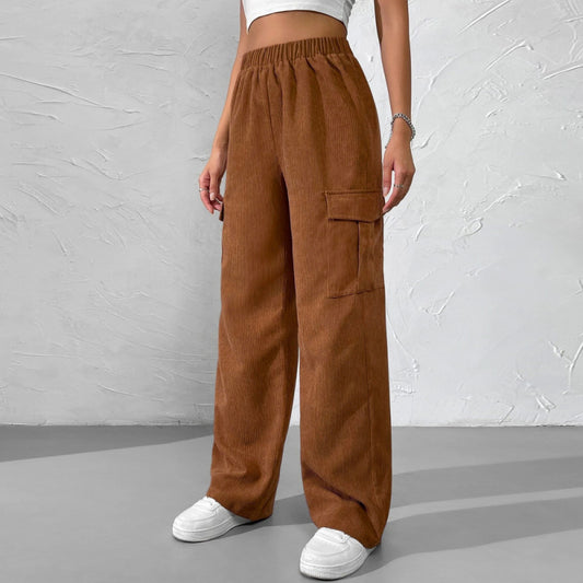Pantalones elásticos sueltos casuales con bolsillos y cintura alta de color sólido para mujer