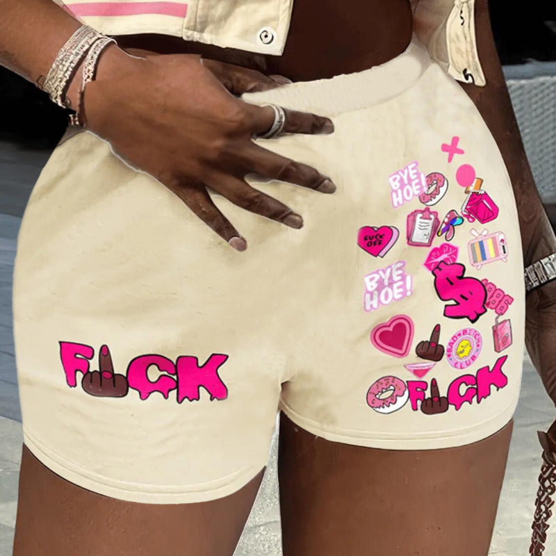 Women Fashion Casual Letter Printing Elastic Waist Shorts