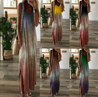 Summer Women V-Neck Gradient Color Tie-Dye Printing Non-Sleeve Casual Maxi Dress