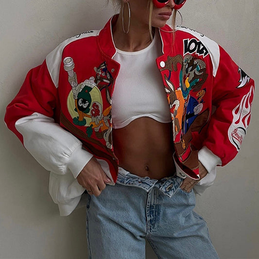 Chaqueta de béisbol de manga larga con estampado de dibujos animados y letras informales a la moda para mujer