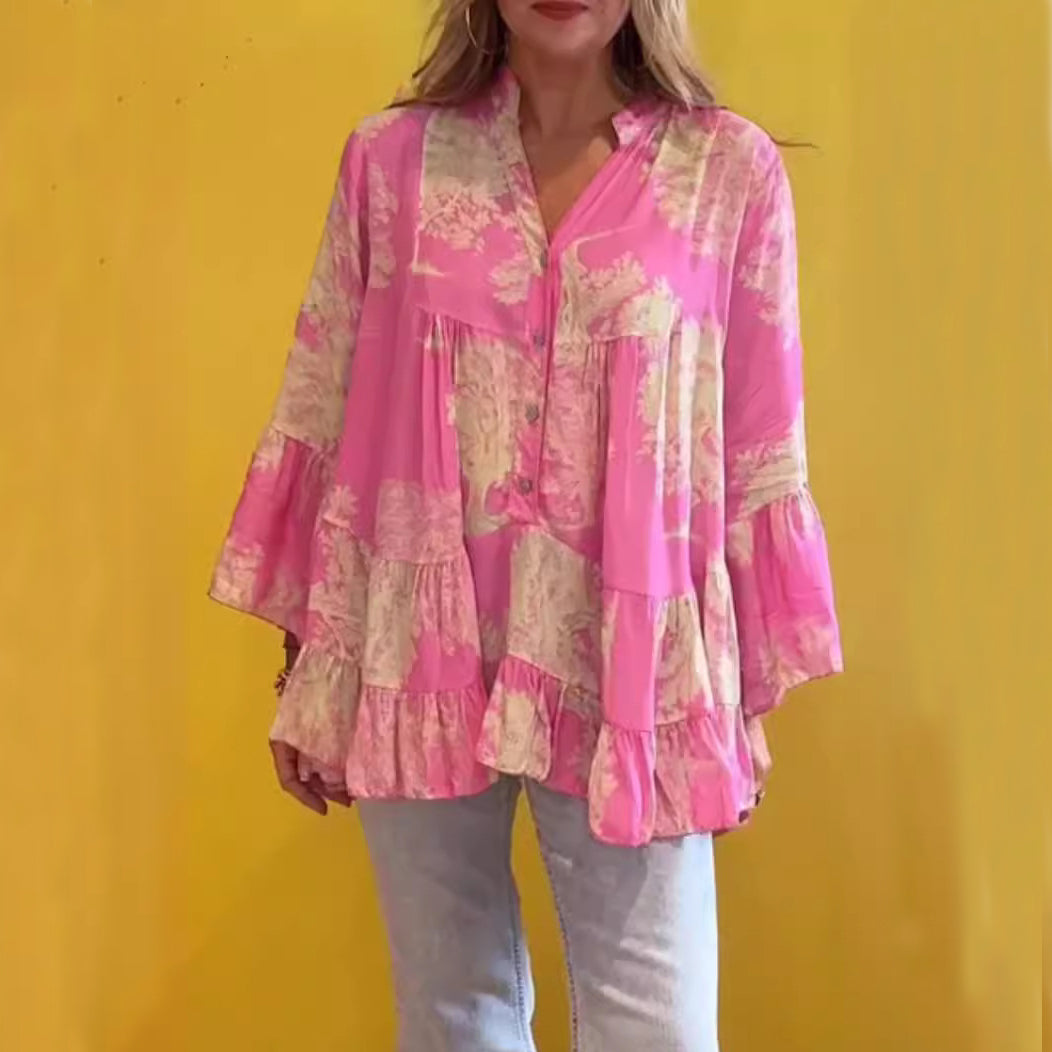 Blusa informal de verano con volantes y manga larga con estampado irregular para mujer