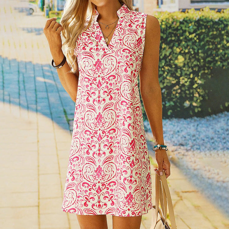 Vestido informal de verano sin mangas con cuello en V y estampado floral para mujer