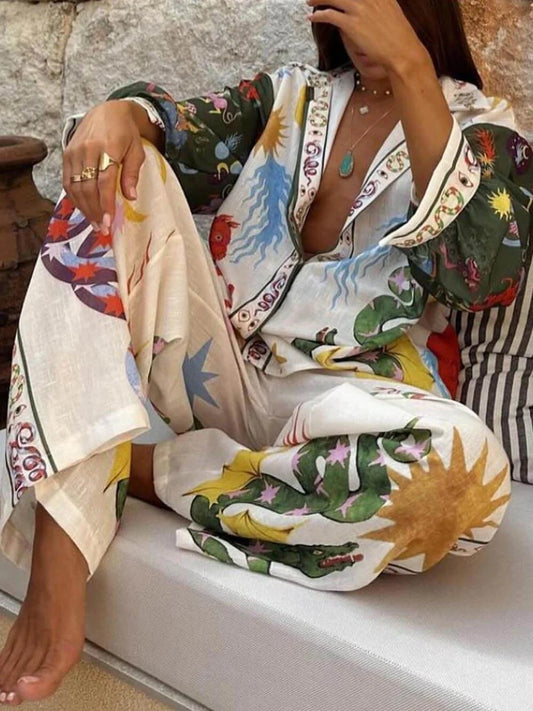 Conjunto de dos piezas formado por camisa, pantalón y top de manga larga con solapa y estampado gráfico informal para mujer