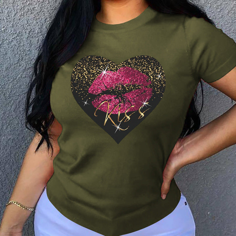 Camiseta informal holgada de algodón con cuello redondo, manga corta y estampado de corazón para mujer, talla grande