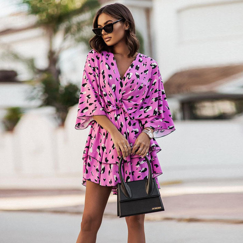 Women Fashion Casual Floral Printing Defined Waist Ruffled Wrap Dresses