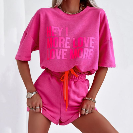 Conjunto de top corto y pantalones cortos con cordones, cuello redondo, estampado del alfabeto, deportivo e informal para mujer