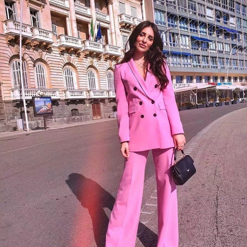 Women Casual Autumn Double-Breasted Blazer And Pant Suit