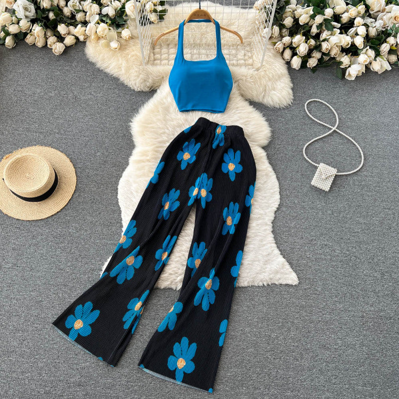 Conjunto de pantalón y top con estampado floral sin mangas informal a la moda para mujer