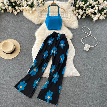 Conjunto de pantalón y top con estampado floral sin mangas informal a la moda para mujer