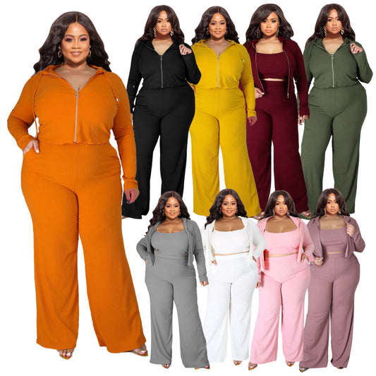 Women Fashion Casual Solid Color Plus Size Pit Vest Jacket Pants Three-Piece Set