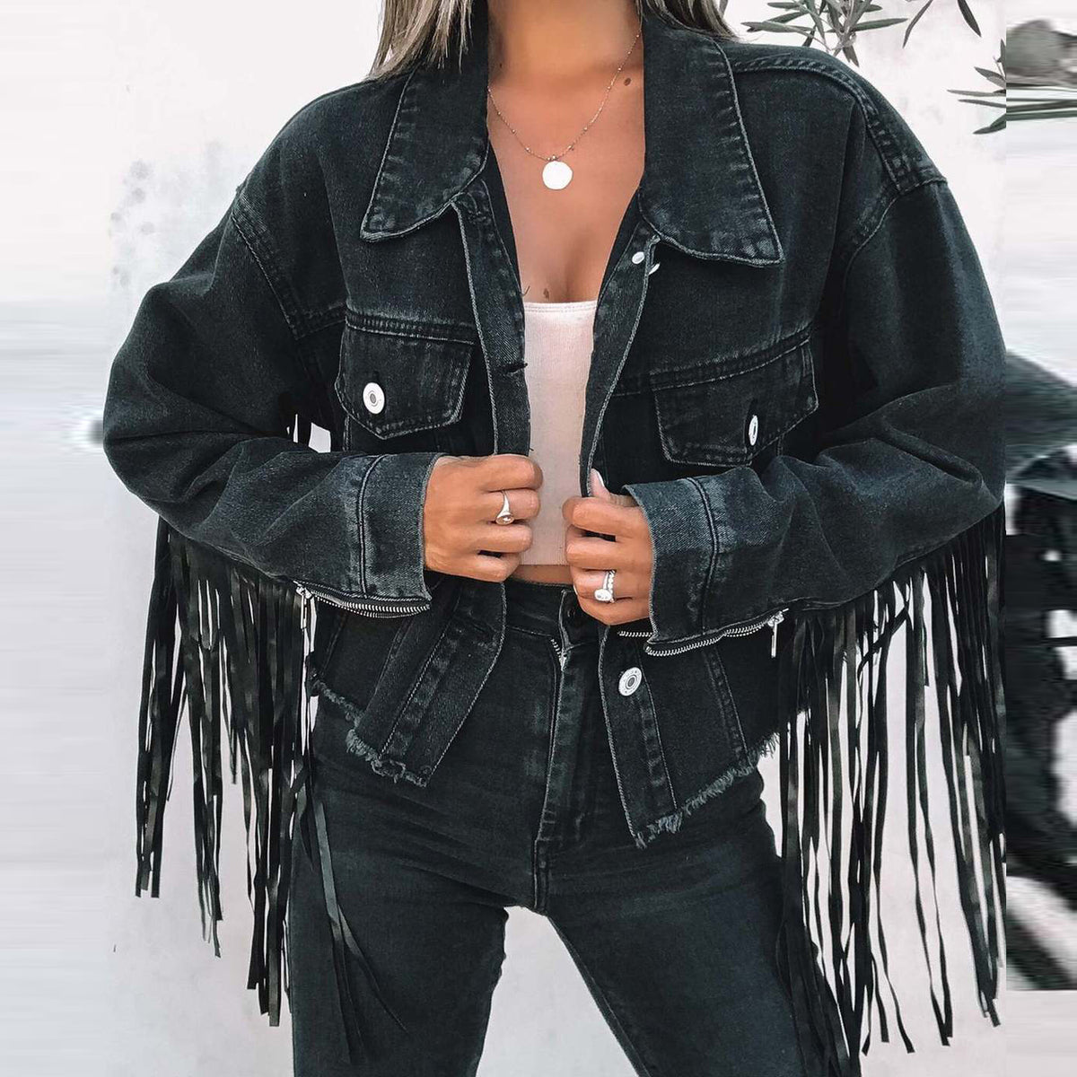Chaqueta vaquera informal holgada con borlas cruzadas para mujer