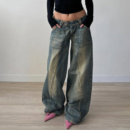 Vaqueros holgados de cintura baja informales a la moda para mujer