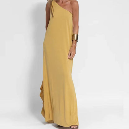 Women Casual Fashion Summer Vacation Slanted Shoulder Solid Color Loose Maxi Dress