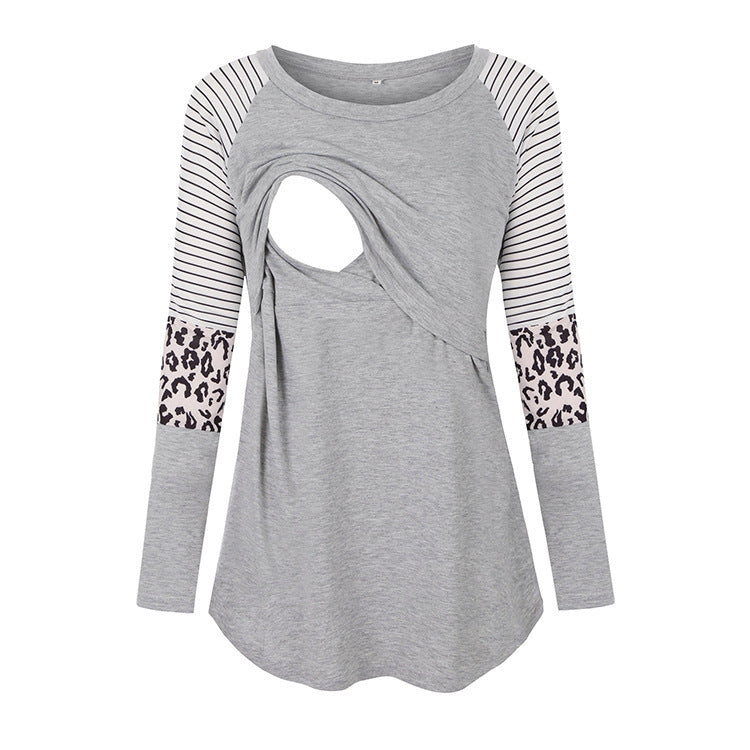 Camiseta de lactancia materna de manga larga con cuello redondo y estampado de rayas de leopardo para embarazadas