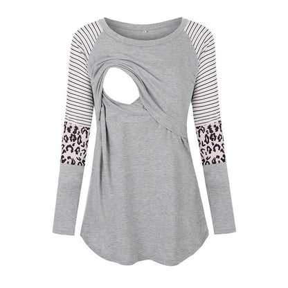 Camiseta de lactancia materna de manga larga con cuello redondo y estampado de rayas de leopardo para embarazadas