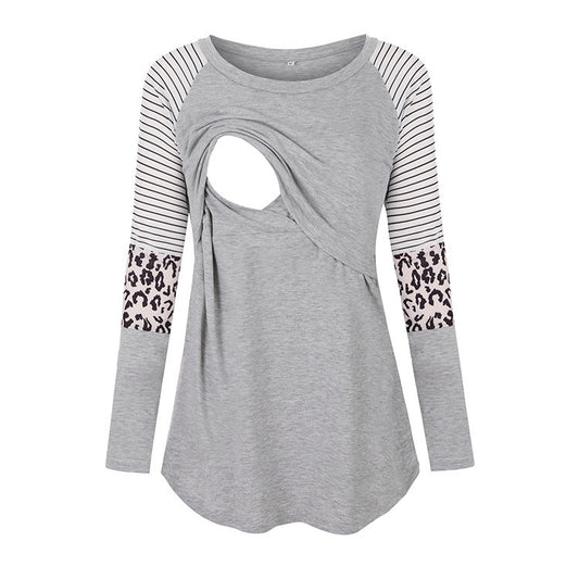 Camiseta de lactancia materna de manga larga con cuello redondo y estampado de rayas de leopardo para embarazadas