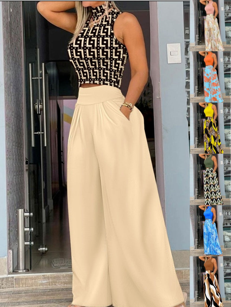 Conjunto de dos piezas de pantalón holgado estampado y top ajustado sin mangas informal a la moda para mujer