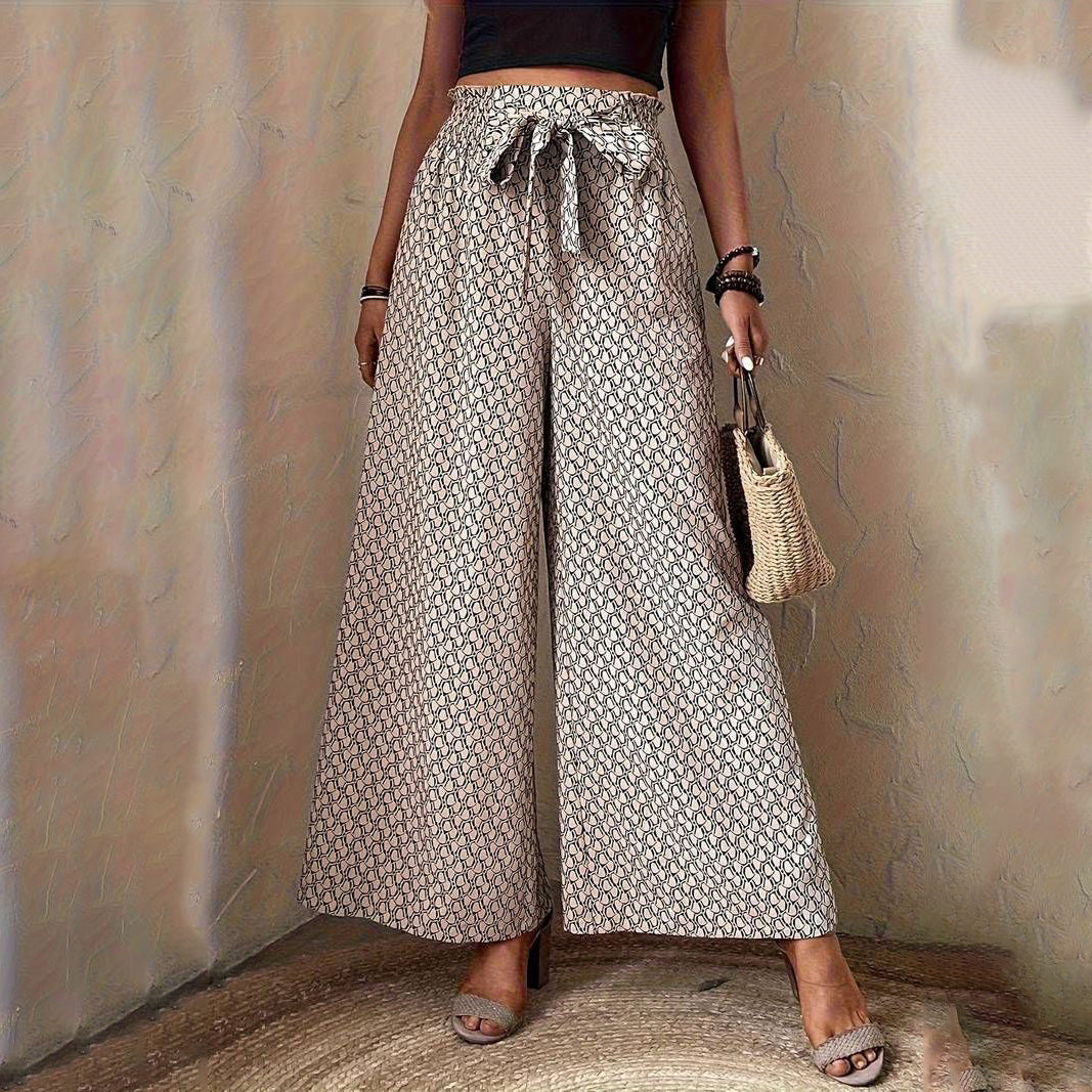 Women Casual Loose Leopard Drawstring High Waist Wide Leg Pants