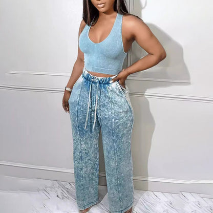 Women Fashion Casual Solid Color Tank Top Pocket Drawstring Pants Two-Piece Set