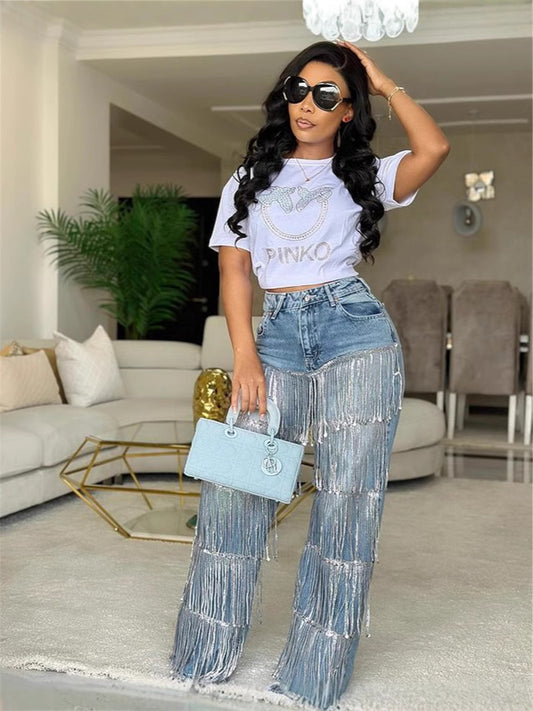 Vaqueros rectos con borlas y lentejuelas para mujer, estilo casual y creativo