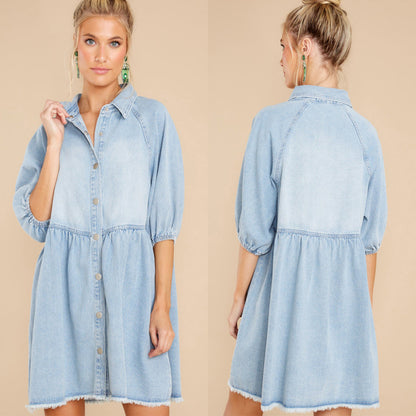 Women Fashion Casual Lapel Shirt Denim Dress