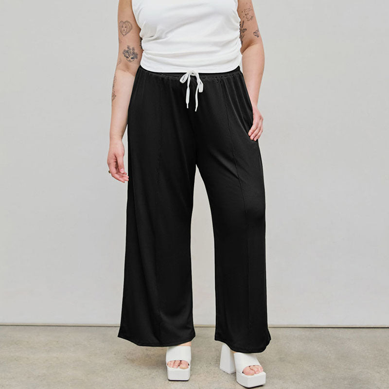 Plus Size Women Elastic Casual Office Drawstring High Waist Straight Trousers