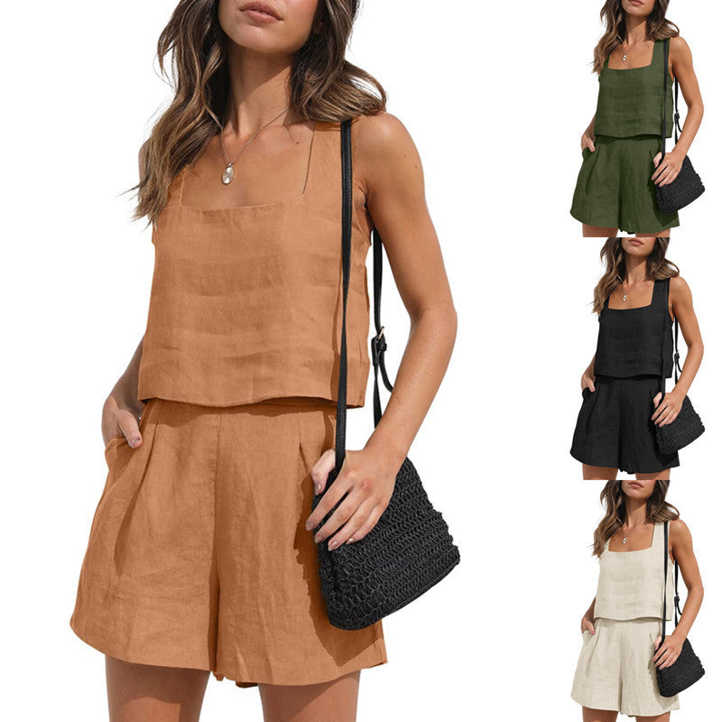 Women Summer Vacation Casual Solid Linen Tank Top And Loose Shorts Set