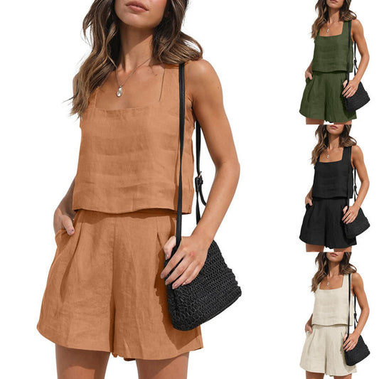 Conjunto de camiseta sin mangas y pantalones cortos holgados de lino liso informal para vacaciones de verano para mujer