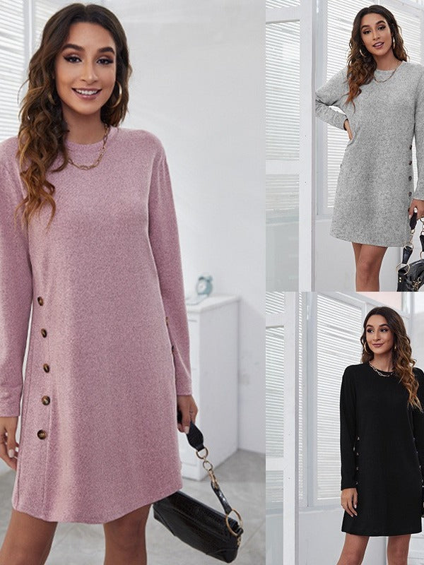 Women Casual Solid Color Button Decorative Loose Round Neck Long Sleeve Mini Dress