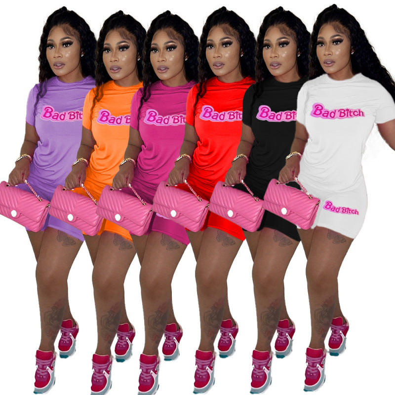 Women Fashion Casual Letter Print Short Sleeve T-Shirt And Shorts Set