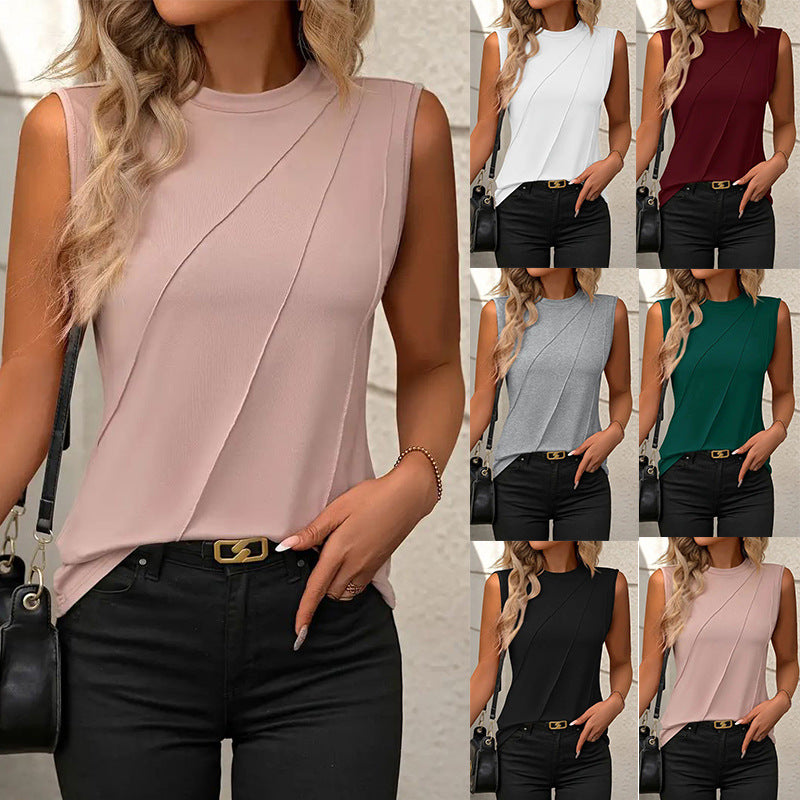 Summer Women Casual Solid Color Round Neck Sleeveless Tank Top