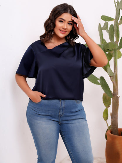 Blusa informal de satén de color liso con mangas plisadas y volantes para mujer, talla grande