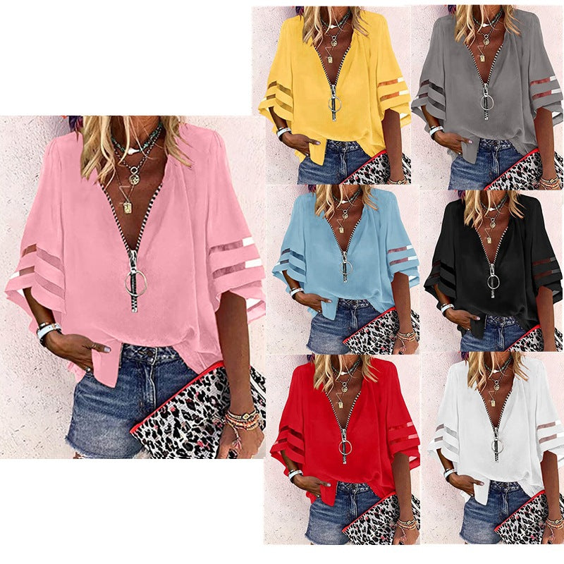 Blusa informal de mujer con cuello en V, media cremallera y mangas acampanadas