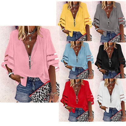 Blusa informal de mujer con cuello en V, media cremallera y mangas acampanadas