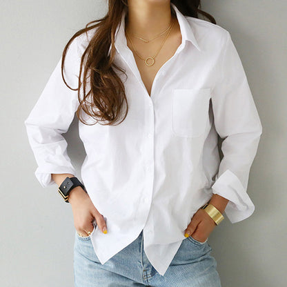 Blusa informal sencilla de color liso con solapa y manga larga para mujer