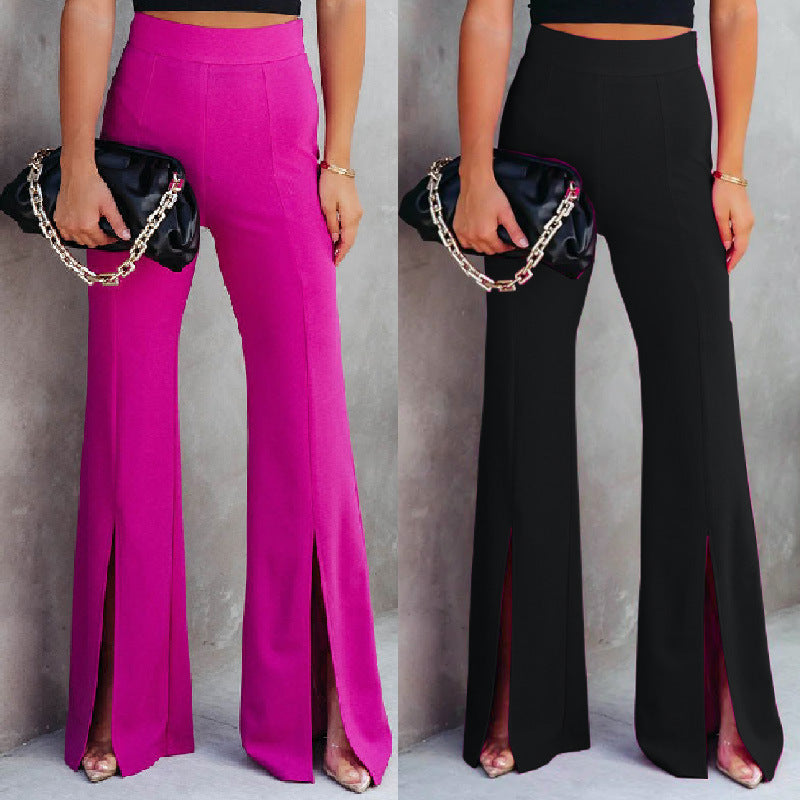 Women Fashion High Waist Elastic Slit Casual Flared Work Pants
