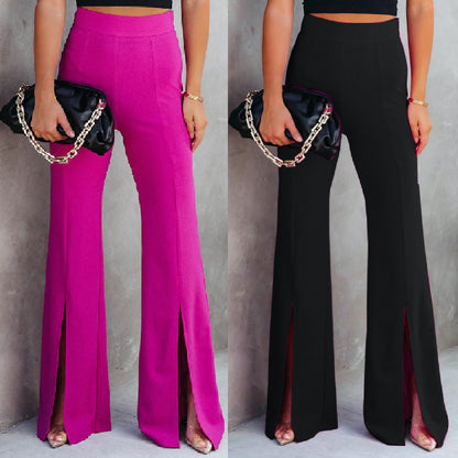 Women Fashion High Waist Elastic Slit Casual Flared Work Pants