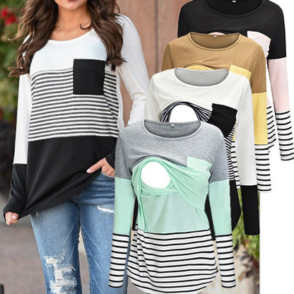 Top de lactancia de manga larga con cuello redondo y estampado de rayas informal de maternidad