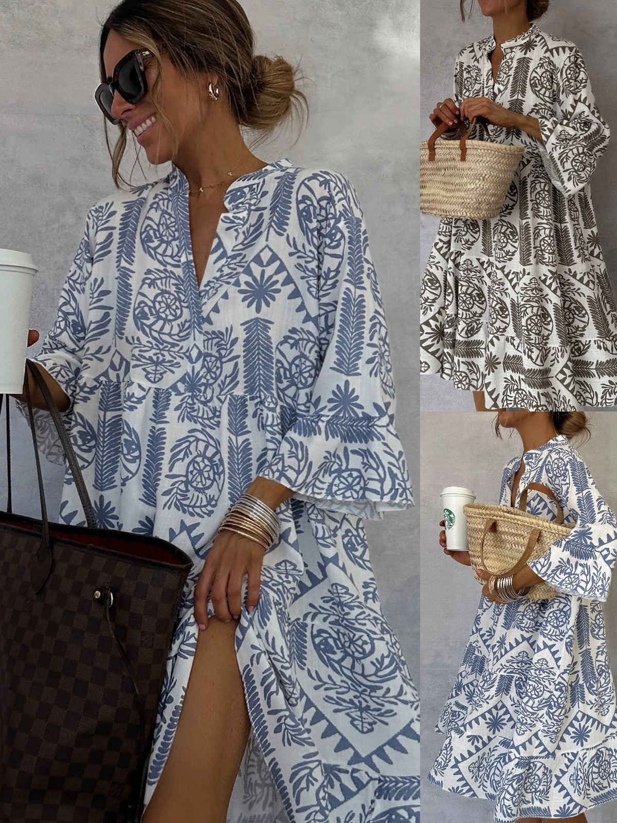 Bohemian Women Casual Print Sleeve Shirt Dress
