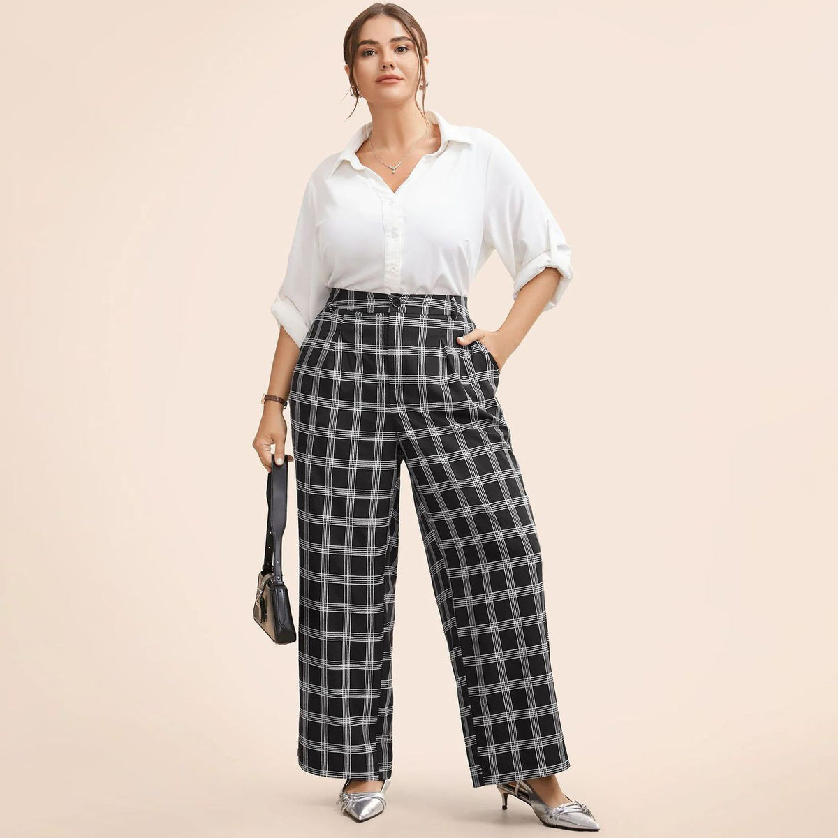 Plus Size Women'S Casual Plaid Wide-Leg Pants