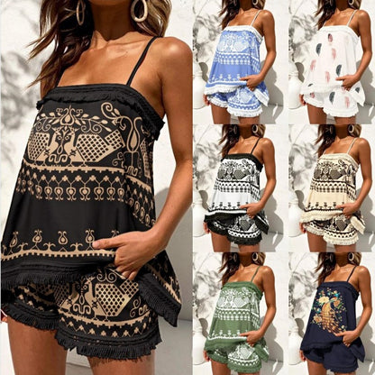 Conjunto informal de camiseta y pantalones cortos con estampado floral de pavo real y plumas para mujer para vacaciones de verano