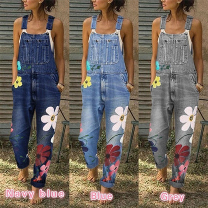 Women Fashion Casual Floral Printed Pocket Denim Overalls