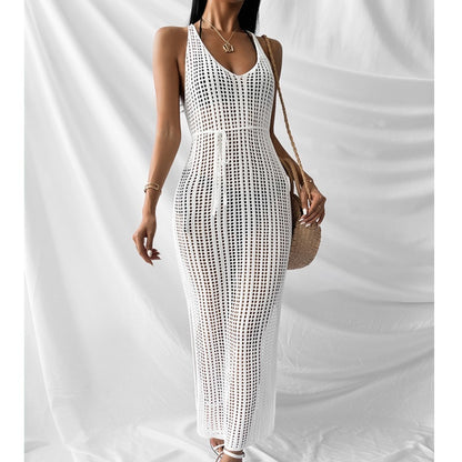 Vestido largo playero de punto calado, informal, de color liso, para vacaciones, para mujer
