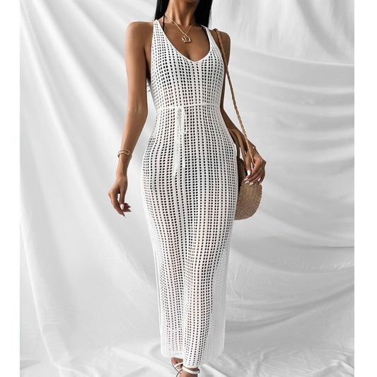 Women Vacation Casual Solid Color Hollow Knitted Beach Maxi Dress