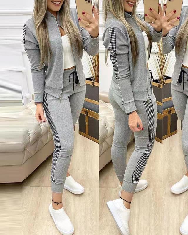 Women Long-Sleeved Top And Pants Leisure Stitching Plaid Casual Suit