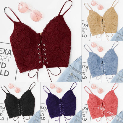 Women Edgy Casual Sleeveless Solid Color Lace Crop Camisole Bra